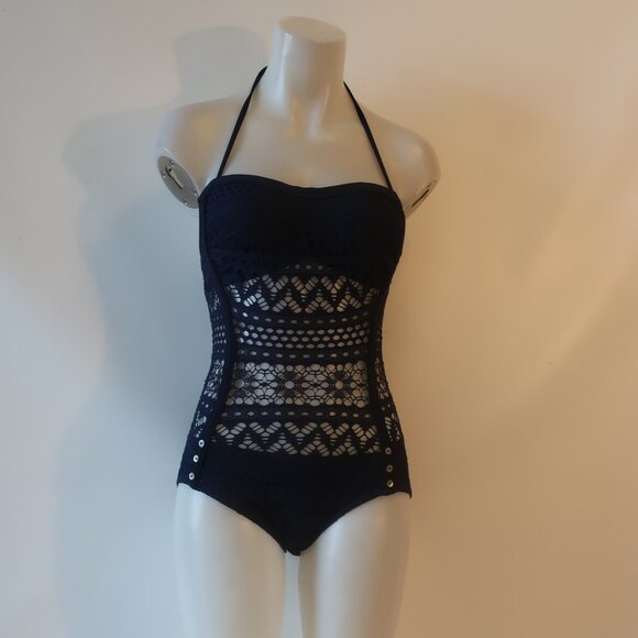 Womens Robin Piccone Navy Crochet 2Pc Set Cover-Up Short/M One Piece Swimsuit/8* - Picture 1 of 13